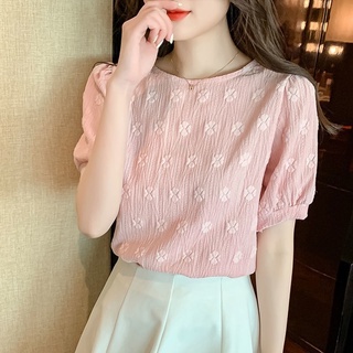 Áo Sơ Mi Tay Phồng Cổ Tròn Dáng Rộng In Họa Tiết Hoa Tươi Mới Phong Cách Hàn Quốc Thời Trang Mùa Hè Cho Nữ