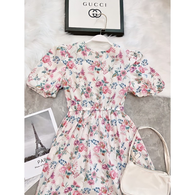 VNU279 - VÁY VINTAGE HOA HỒNG TÍM CHUN EO TAY 2 LỚP | BigBuy360 - bigbuy360.vn