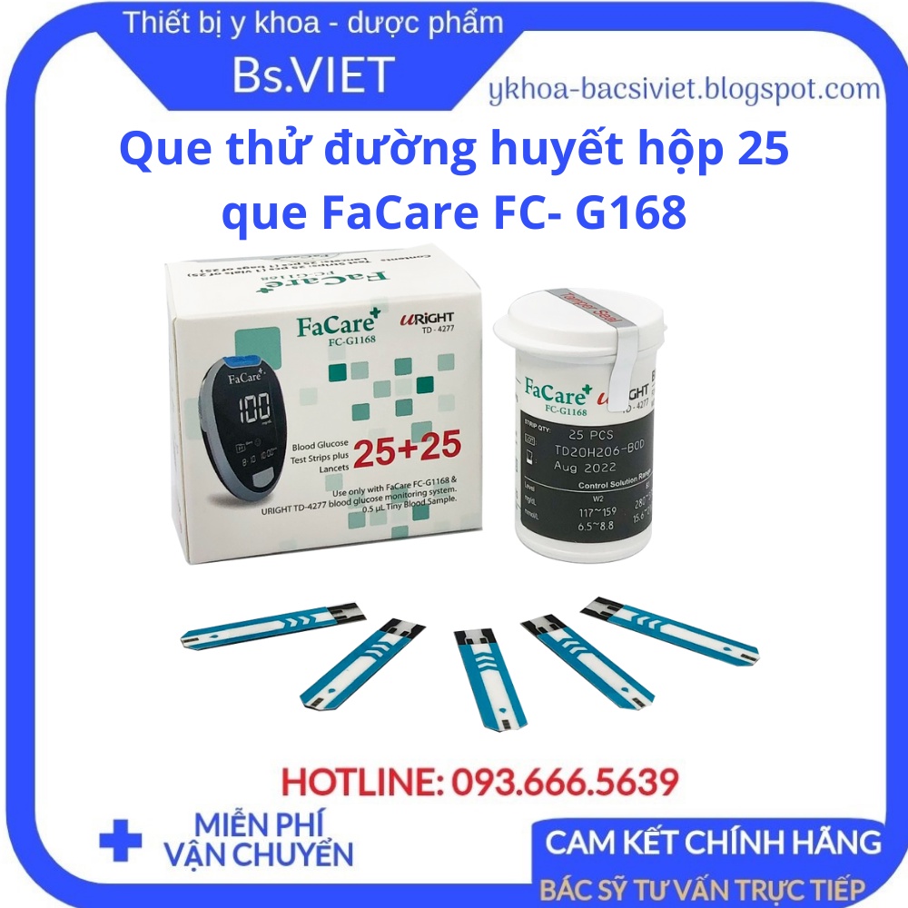Que thử đường huyết hộp 25 que dùng cho máy đo đường huyết Facare FC- G168 - Hộp 25 que test đường huyết -Bsviet