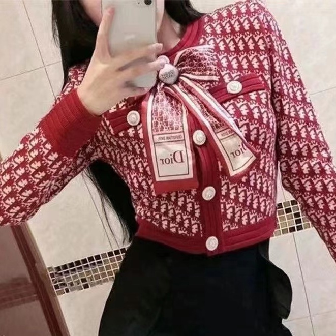 Áo Khoác Dệt Kim Đính Nơ Phong Cách Retro Pháp 2022 Mới Cho Nữ
