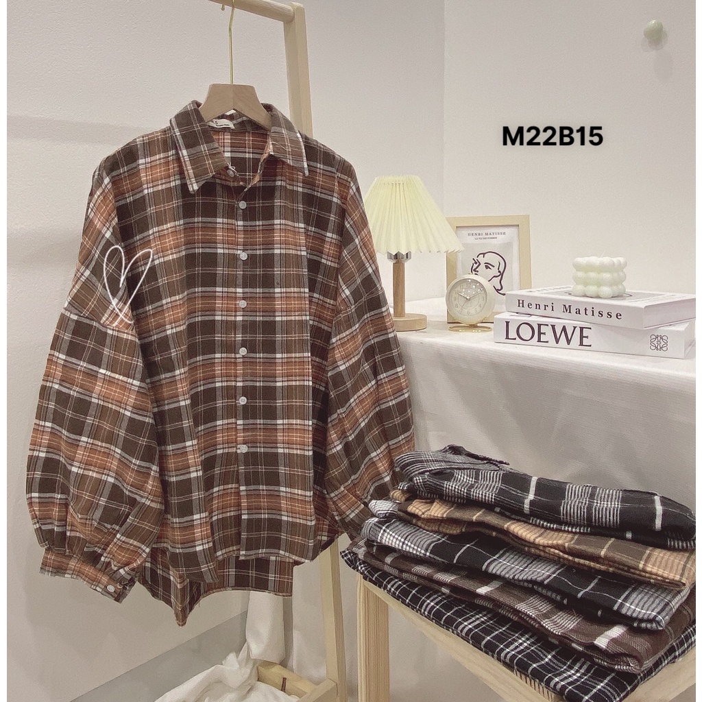 Áo sơ mi caro dài tay nữ đẹp dáng rộng retro, áo khoác ngoài chống nắng kẻ ô oversize vintage Hàn Quốc