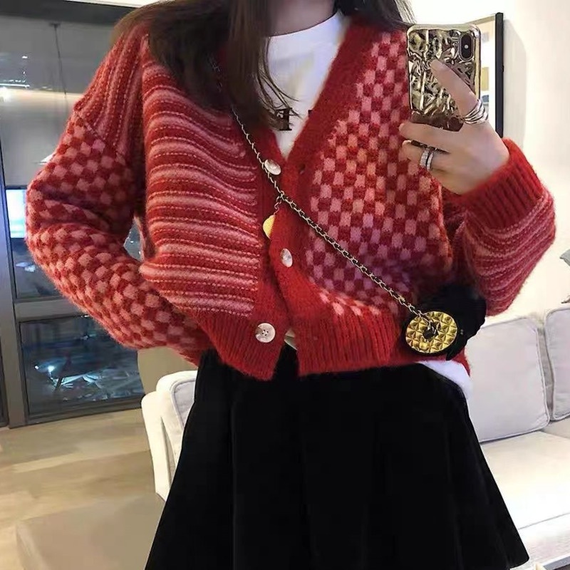 Áo Sweater Tay Dài Họa Tiết Sọc Caro Áo Khoác Dệt Kim Màu Sắc Tương Phản Thời Trang Mùa Thu Cho Nữ