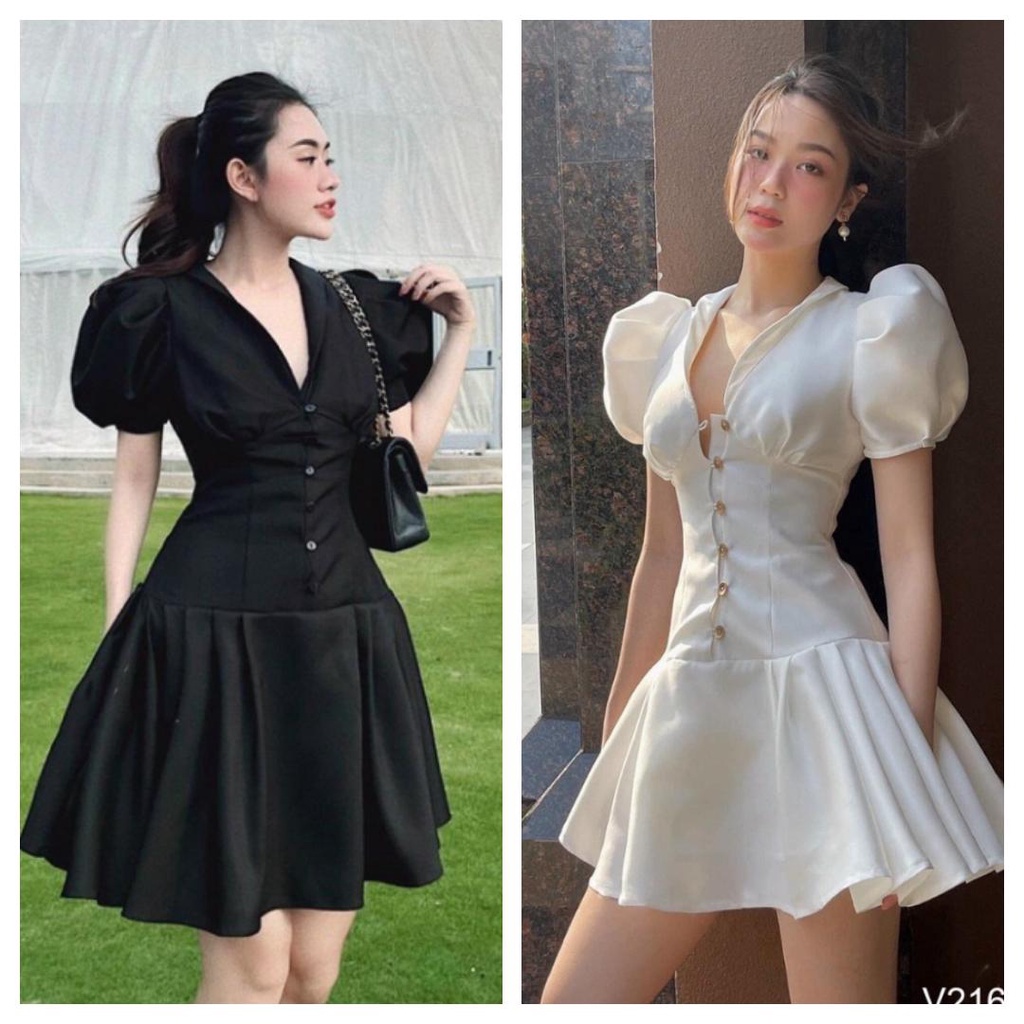 Đầm Dự Tiệc Dạo Phố Cổ Vest Phối Nút Tay Bồng Dáng Xòe nhẹ Xinh Xắn - Bé Yêu Shop