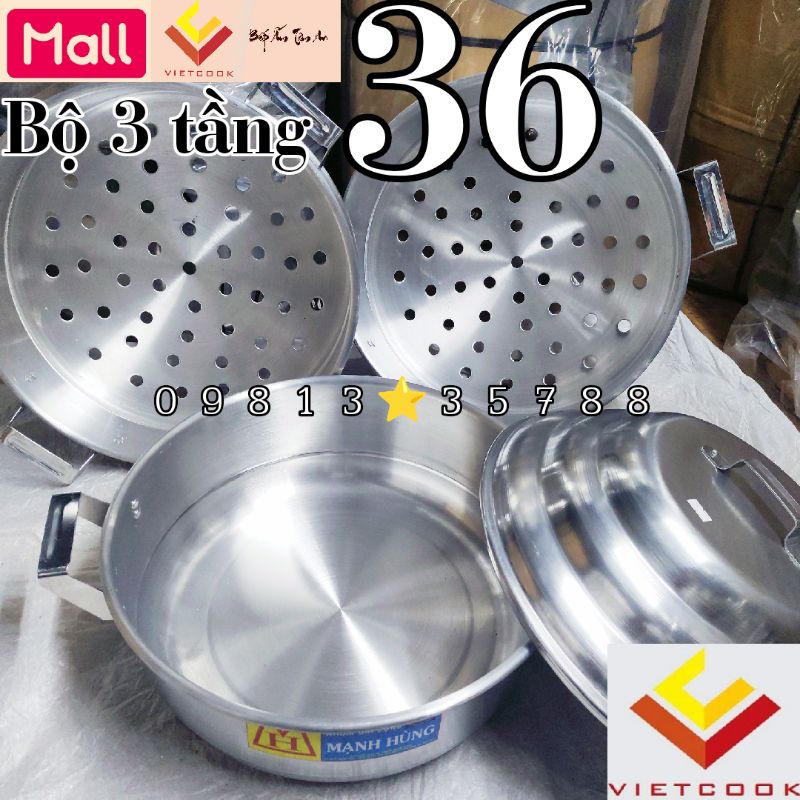 Bộ xửng hấp 3 tầng size 36 nhôm Mạnh Hùng chuyên hấp bánh bao, xôi và thực phẩm, bộ 3 tầng bao gồm 1 đáy và 2 ngăn hấp