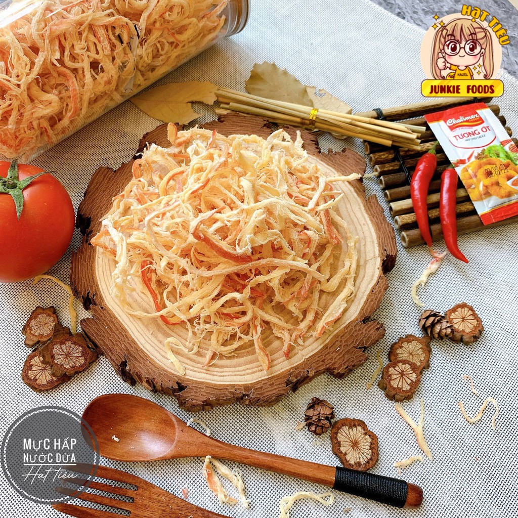 Khô Mực Hấp Dừa Xé Sợi thơm ngon, Shop ăn vặt Hạt Tiêu JUNKIE FOODS ngon rẻ