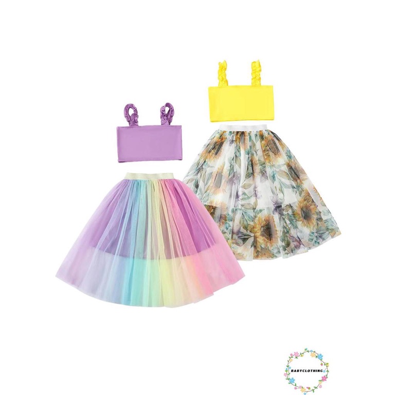 Babyclothes-áo Tanks + Chân Váy Lưới Lưng Thun Hình Hoa Hướng Dương / Cầu Vồng Phong Cách Ngọt Ngào Thời Trang Mùa Hè