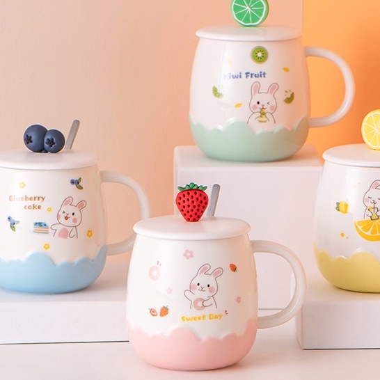 Ly cốc sứ thỏ trái cây có nắp Cốc quà tặng lưu niệm
