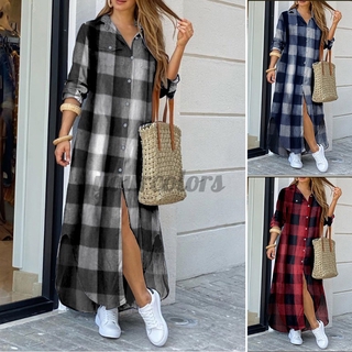 Đầm maxi nữ tay dài họa tiết caro thời trang
