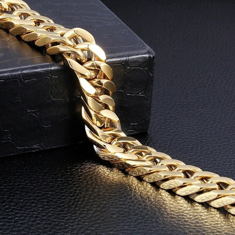8.5" Gold Plated Men's Jewelry Stainless Steel Curb Cuban Chain Bracelet