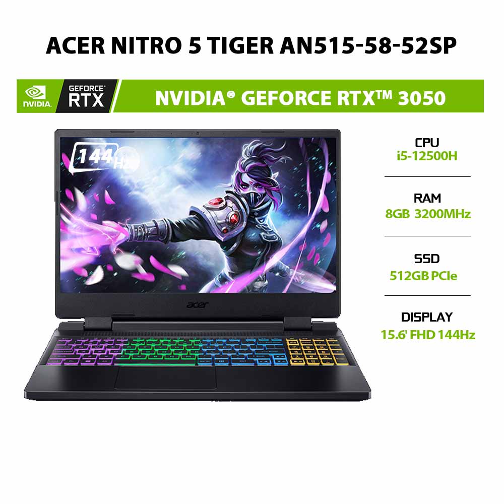 [ELBAU7 giảm 7%] Laptop Acer Nitro 5 Tiger AN515-58-52SP i5-12500H | 8GB | 512GB | RTX™ 3050 4GB | 156' FHD 144Hz