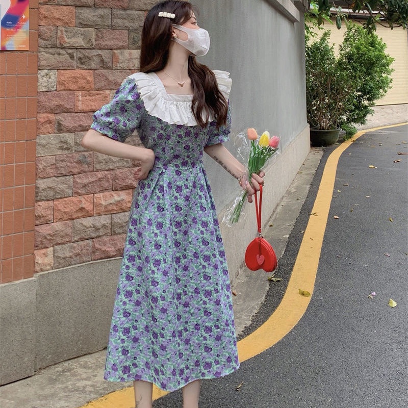 Đầm Hoa Cổ Vuông Tay Phồng Thời Trang Mùa Hè Pháp Kiểu Mới 2022