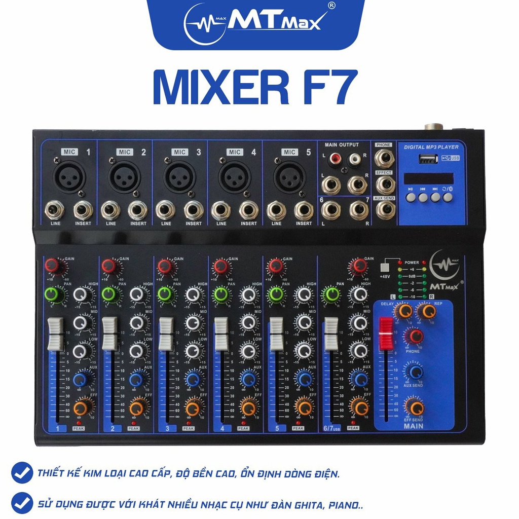 [Tặng dây KN] Bàn trộn Mixer MTMax F7 BT - 7 kênh cao cấp - Có bluetooth, chống hú tốt - Màn hình led hiển thị thông số