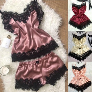 Piyama Wanita Ice Silk Sejuk 2pcs Piyama Polos Celana Pendek Set Piyama Baju Tidur