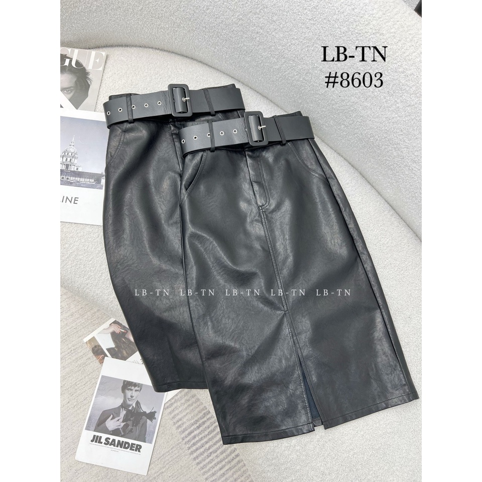 Chân váy da , dáng dài , xẻ trước , kèm đai, Hàng QC