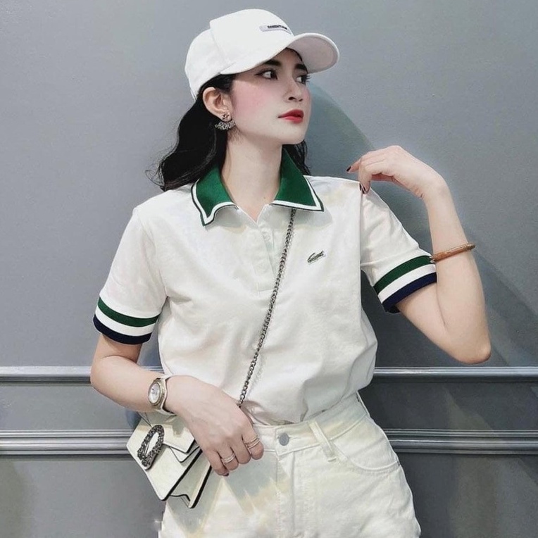 Áo Polo Nữ Cổ Xanh Lacoste vải gai siêu sang chảnh
