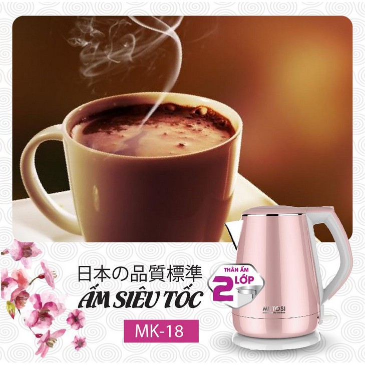 Ấm đun siêu tốc Mutosi MK-18 (hồng), 1.5L, thân ấm 2 lớp cách nhiệt siêu bền, công nghệ Nhật Bản, bảo hành 24 tháng