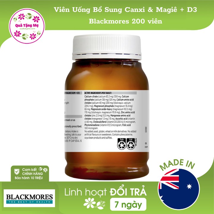 [Mã FMCG100K - 10% đơn 500K] Viên Uống Bổ Sung Canxi & Magiê + D3 Blackmores 200 viên | BigBuy360 - bigbuy360.vn