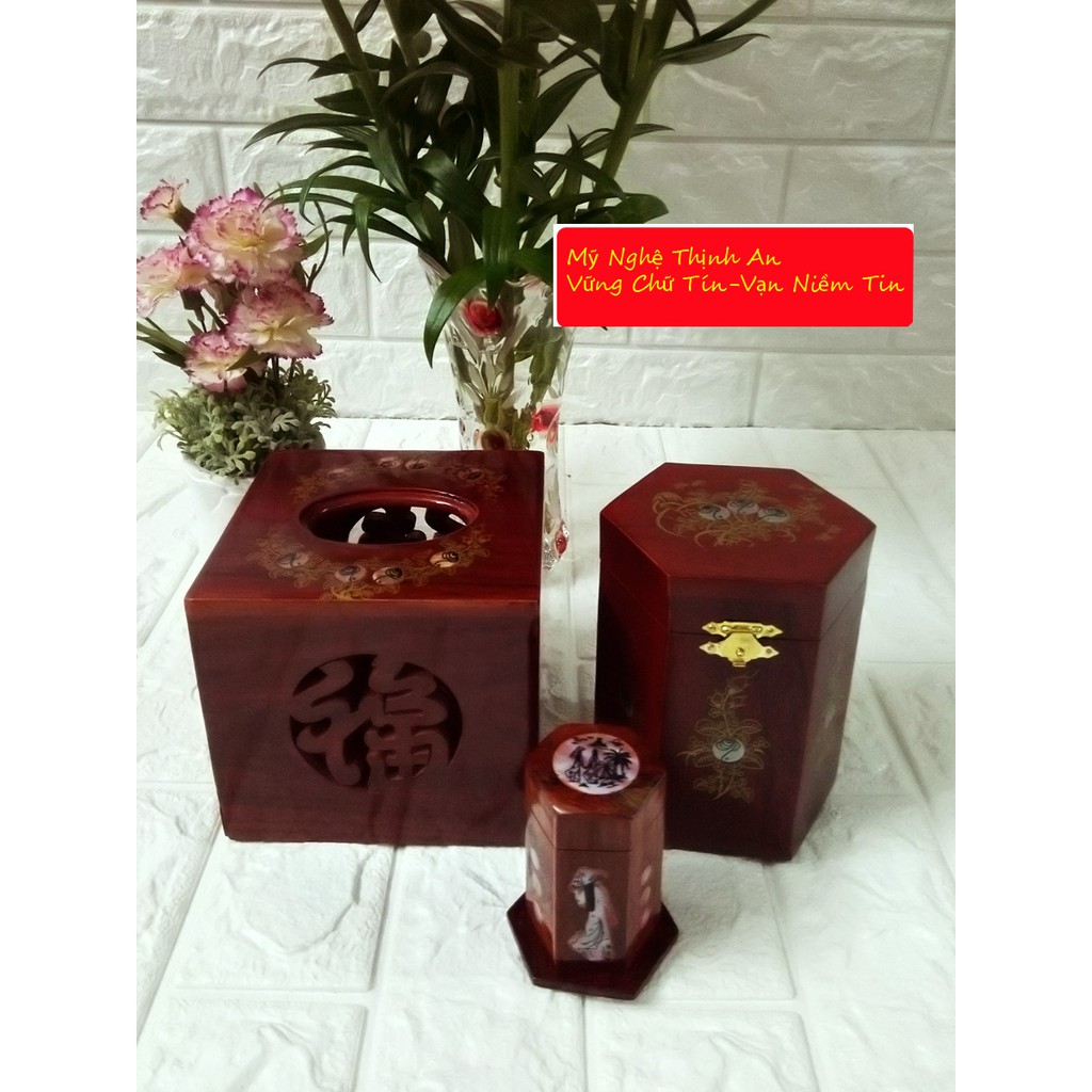 Bộ 3 sản phẩm Hộp giấy vuông ,hộp trà cỡ trung ,hộp tăm bằng gỗ hương đỏ CGV03