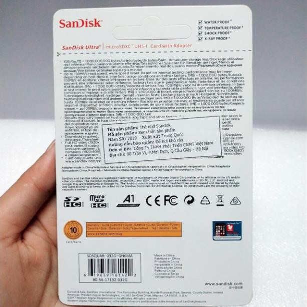 [xả kho tết] Thẻ nhớ SanDisk 32G microSDHC Ultra A1 32GB upto 98MB/s kèm Adapter Bảo hành 5 năm