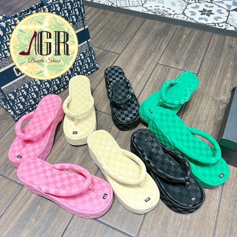 Dép xuồng kẹp dây ống sọc ca ro da mềm cao 7 cm