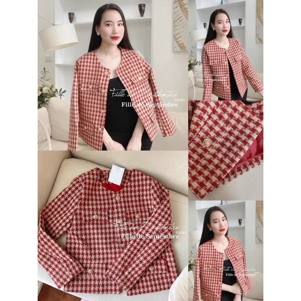 Áo kẻ TWEED đỏ cổ tròn