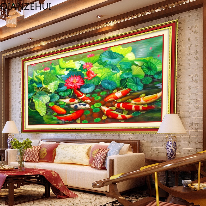 Bộ Tranh Thêu Chữ Thập DIY 11CT Hình Ao Sen Chín Cá Và Hoa Sen Chất Liệu Cotton