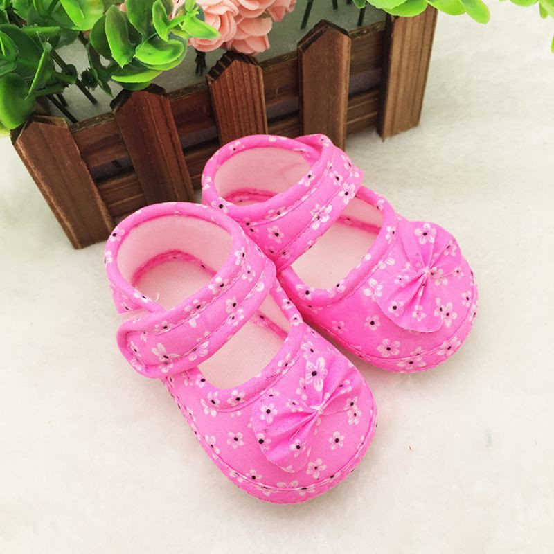 Giày búp bê chất liệu cotton chống trượt đính nơ xinh xắn cho bé 0-18 tháng tuổi