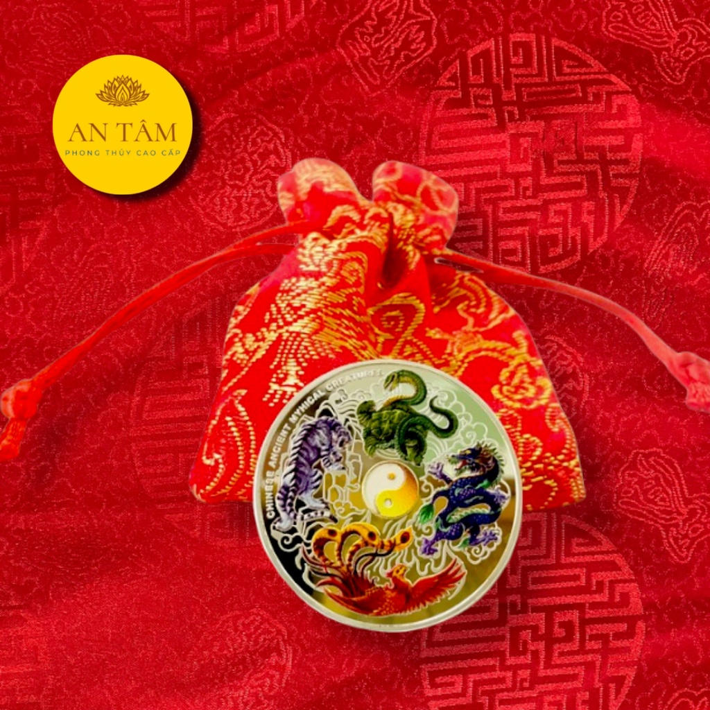 Đồng Xu May Mắn Tứ Linh Long-Lân-Quy-Phụng Quà Tết 2021 - Tặng Kèm Túi Gấm Đỏ