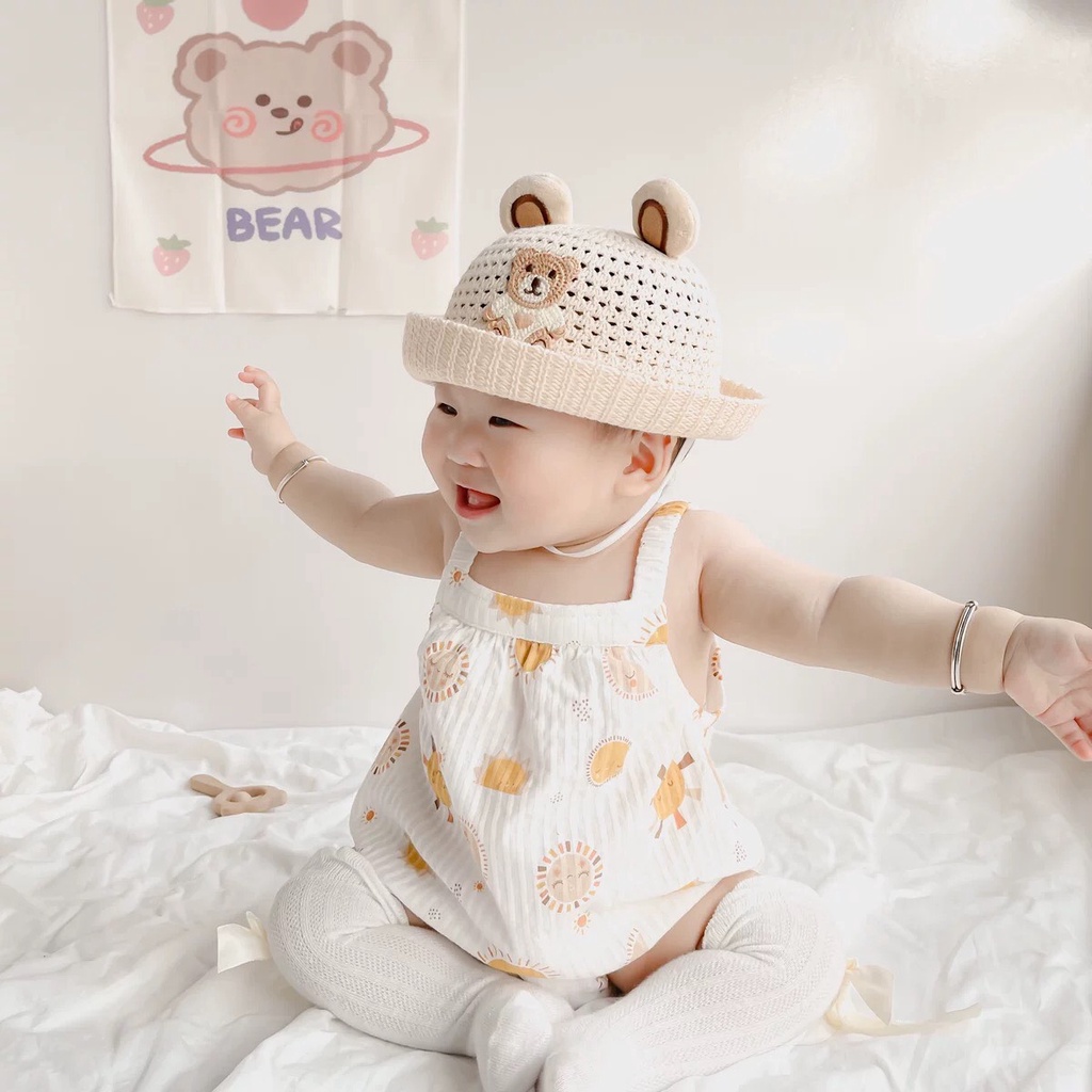 MUP 143: Mũ cói gấu 2 tai Cute cho bé ( 44-48cm)