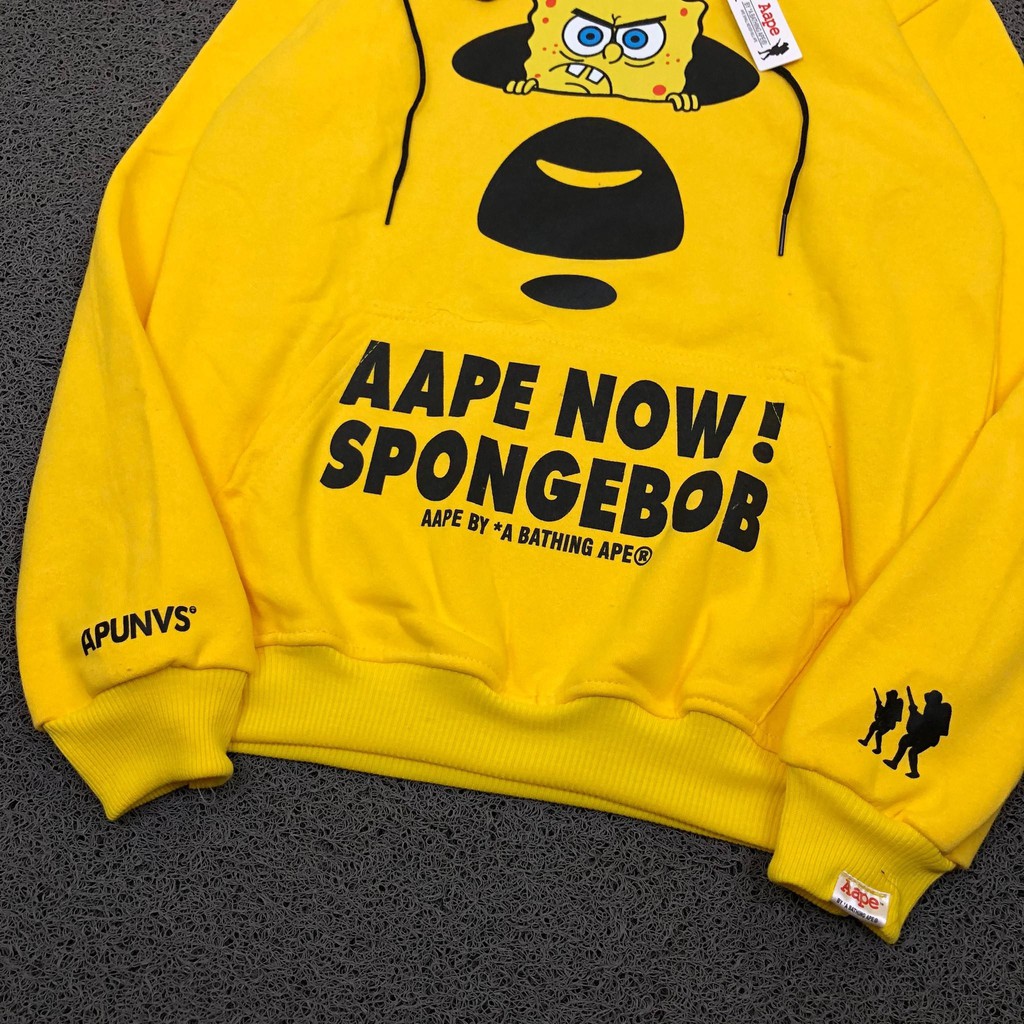 Áo Khoác Hoodie In Chữ Aape Songebob Màu Vàng Nhạt Cao Cấp