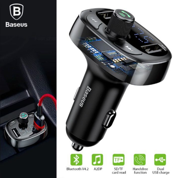 Sản Phẩm Tẩu nghe nhạc cao cấp nhãn hiệu Baseus CCALL-TM01 kết nối Bluetooth có hỗ trợ 2 cổng sạc chuẩn USB - Bảo hành 6