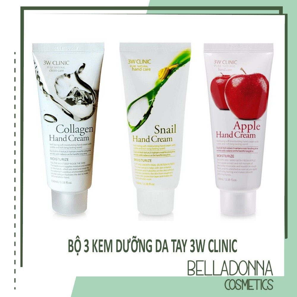 Bộ 3 Kem Dưỡng Da Tay 3w Clinic Hand Cream (Snail, Collagen, Apple) 100mlx3