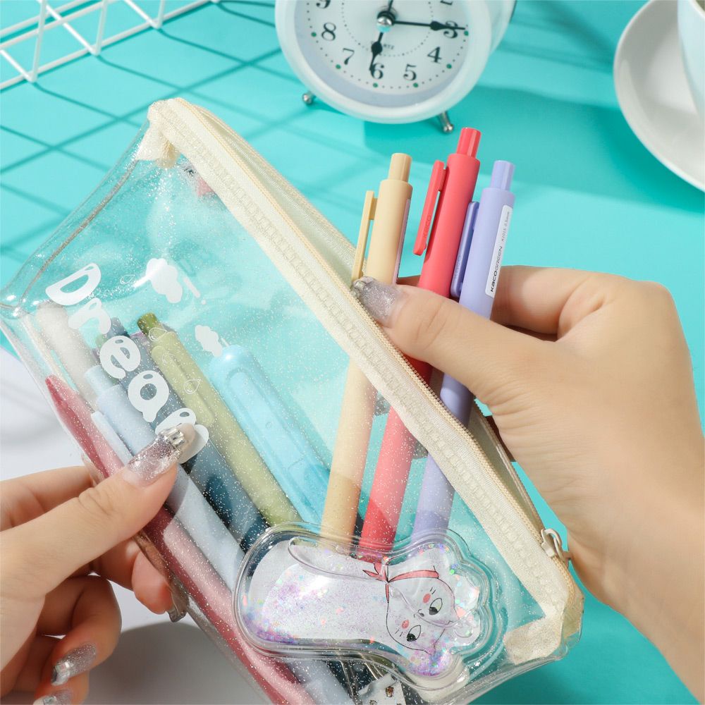 Túi đựng bút/ mỹ phẩm họa tiết hoạt hình phối kim tuyến nước màu trong suốt xinh xắn