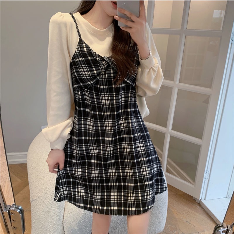 Đầm Tay Phồng Giả Hai Lớp Họa Tiết Sọc Caro Thời Trang Mùa Thu Cho Nữ