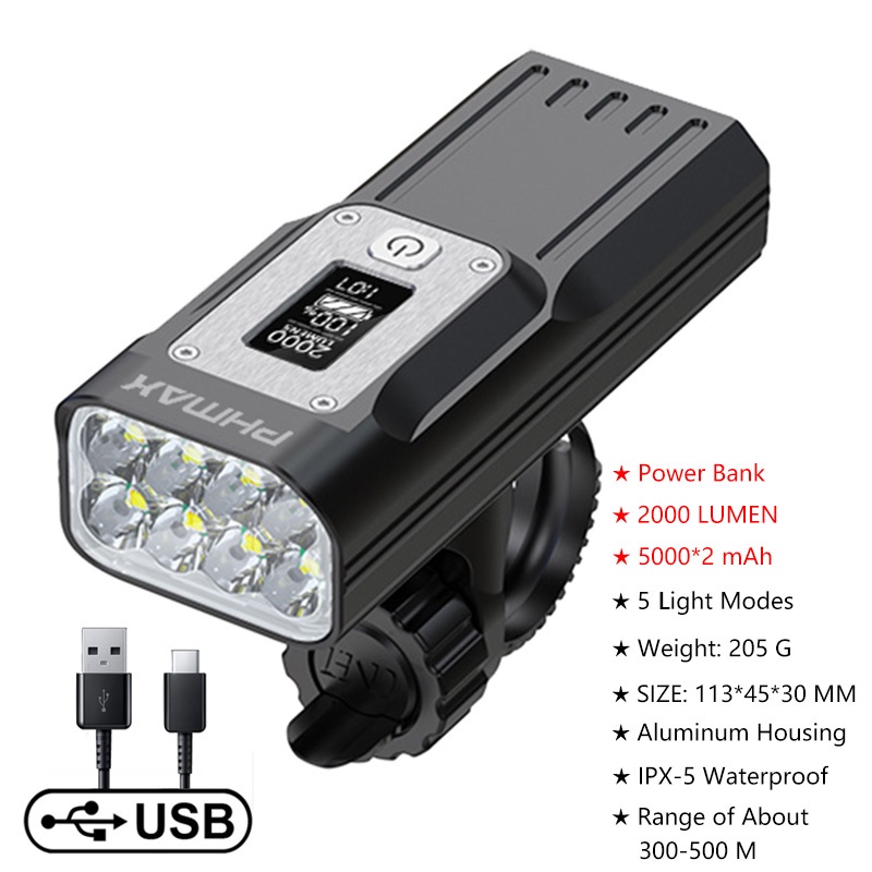 Đèn led X-TIGER 8 hạt đèn 2000 lumen cổng USB không thấm nước có thể sạc lại gắn phía trước xe đạp