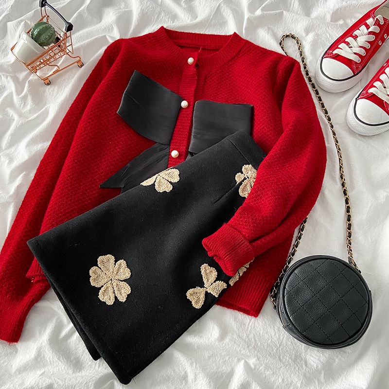 Bộ Áo Sweater Đỏ Phối Chân Váy Lưng Cao Thời Trang Mùa Đông Cho Nữ  tao bao