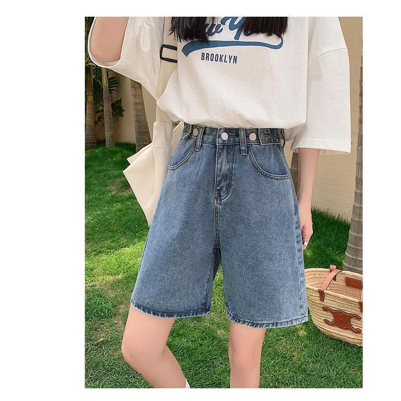 COZOKC Quần Short Denim Ống Rộng Lưng Cao Thời Trang Năng Động