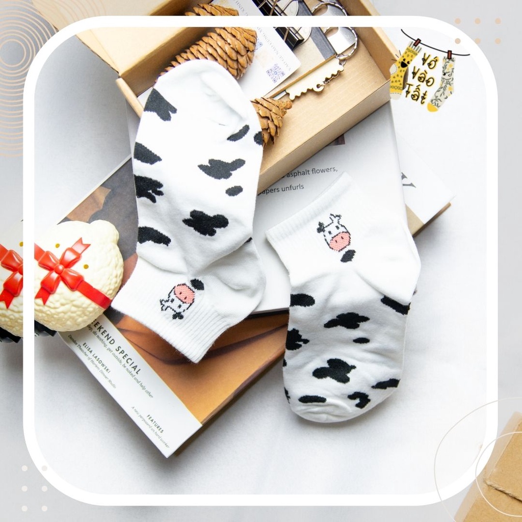 TẤT VỚ NỮ CỔ NGẮN TRẮNG ĐEN BÒ SỮA