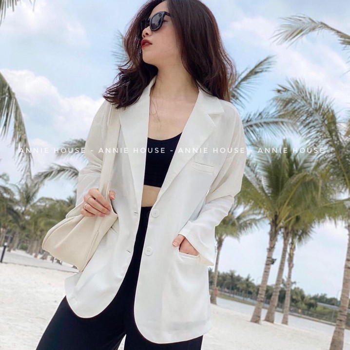 Áo blazer nữ phom suông (ảnh thật) 4 màu Đen Trắng Tím Be vải cao cấp xuất dư