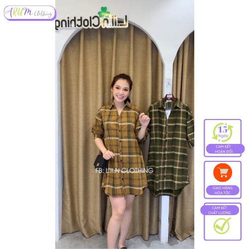 Váy kẻ caro vintage đuôi cá chất thô mềm dáng suông rộng