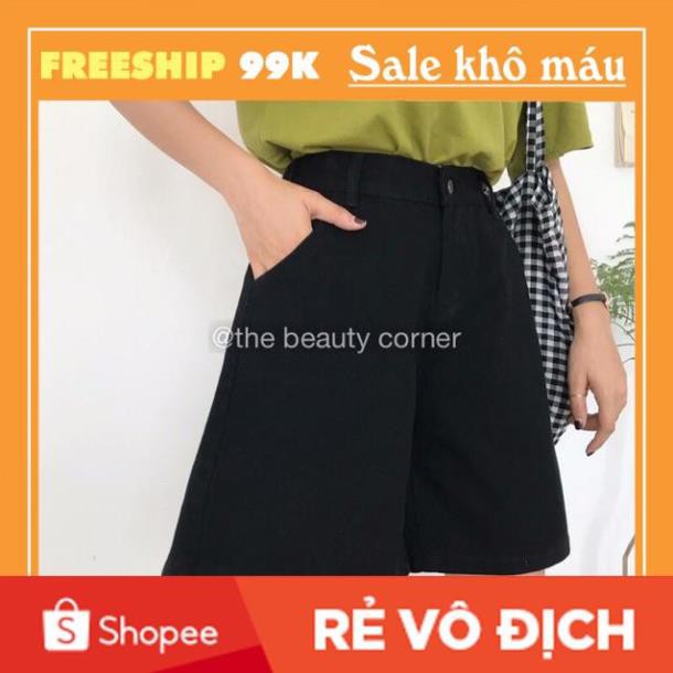 Quần Short Kaki Lửng Ulzzang Quần đùi denim ngố Ống rộng cạp cao trắng đen kem Dáng Hàn Quốc (có bigsize)