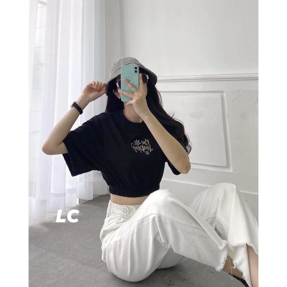 Áo Croptop Thêu Bo Chun PEONYB Nữ [FREESHIP] 🌸 Thun body cộc tay dáng ôm, phông form ngắn cổ tròn màu đen Ulzzang 🌸 ་