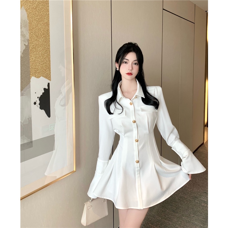 Đầm sơmi dài tay của nữ hàng Quảng Châu cao cấp đầu xu hướng thu đông phong cách ngọt ngào tiểu thư khí chất