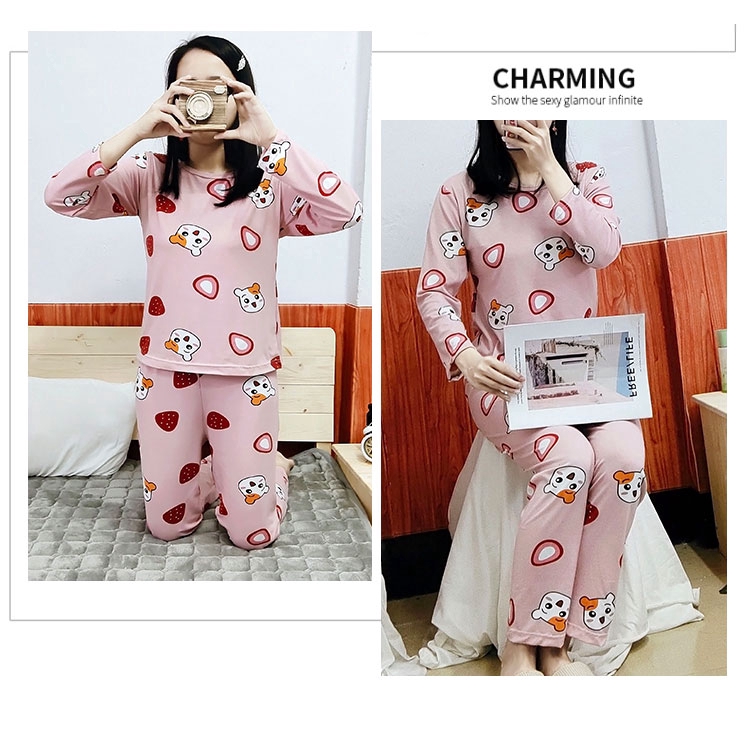 xiaohan korea Spring and Autumn loose nightwear round neck long sleeve sleepwear set cute print women Large size baju tidur | BigBuy360 - bigbuy360.vn
