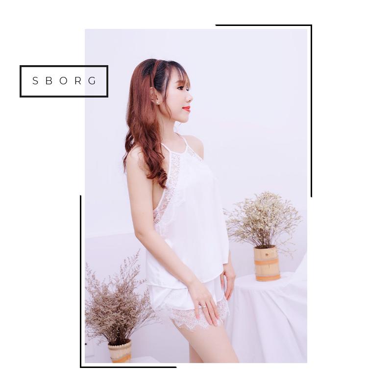 Đồ ngủ sexy SBORG bộ lụa latin cao cấp cổ yếm viền ren quần đùi đắp chéo quyến rũ freesize dưới 60kg quà tặng vợ