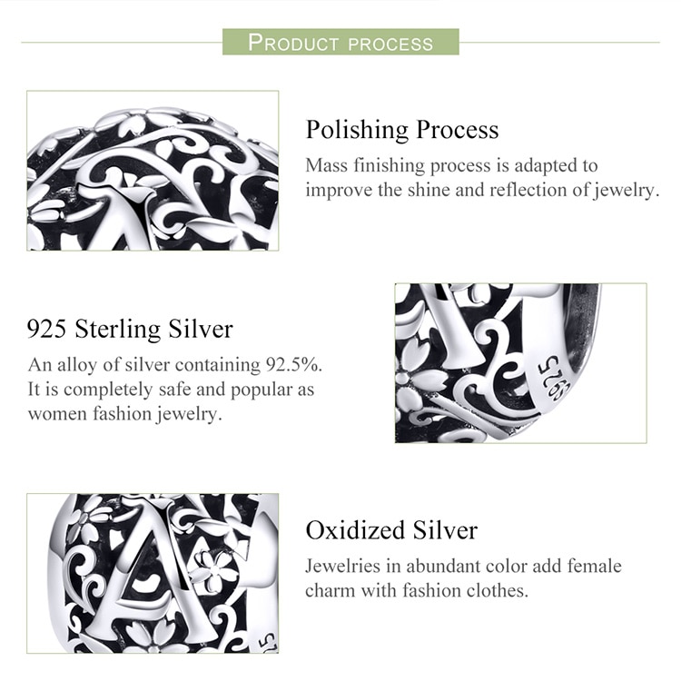 Mặt trang sức bamoer SCC1444 hình tròn họa tiết chữ cái bằng bạc thật 925 dùng làm trang sức độc đáo