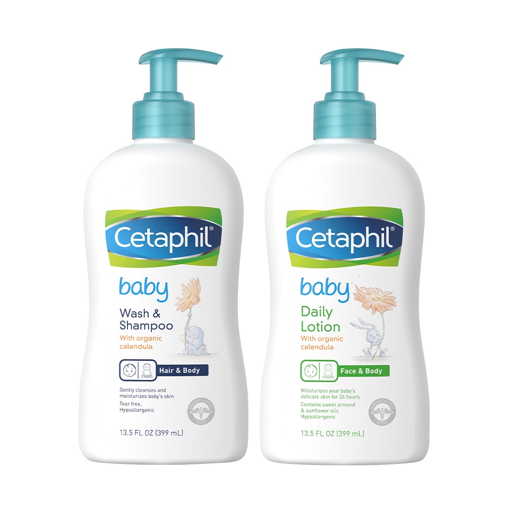 Combo Sữa tắm gội Cetaphil Baby W&amp;S with Organic Calendula 400ml + Sữa dưỡng ẩm Cetaphil Baby with Calendula 400ml/chai