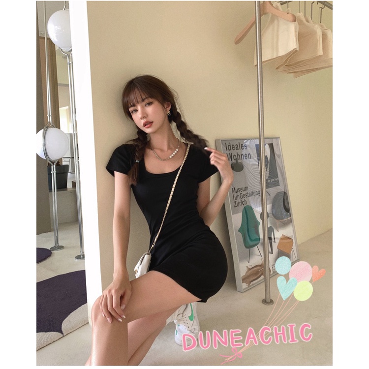 DUNEA Đầm Ngắn Tay Cổ Chữ U Lưng Cao Co Giãn Gợi Cảm Dành Cho Nữ