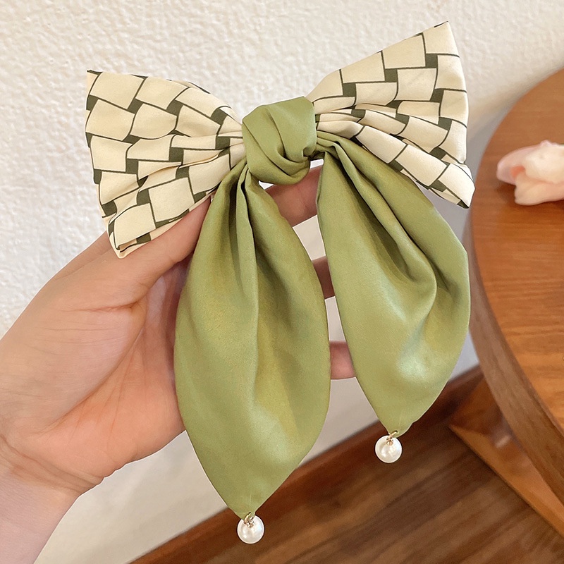Dây Buộc Tóc Nơ Satin Đính Ngọc Trai Màu Xanh Bơ Phong Cách Hàn Quốc Mới Cho Nữ