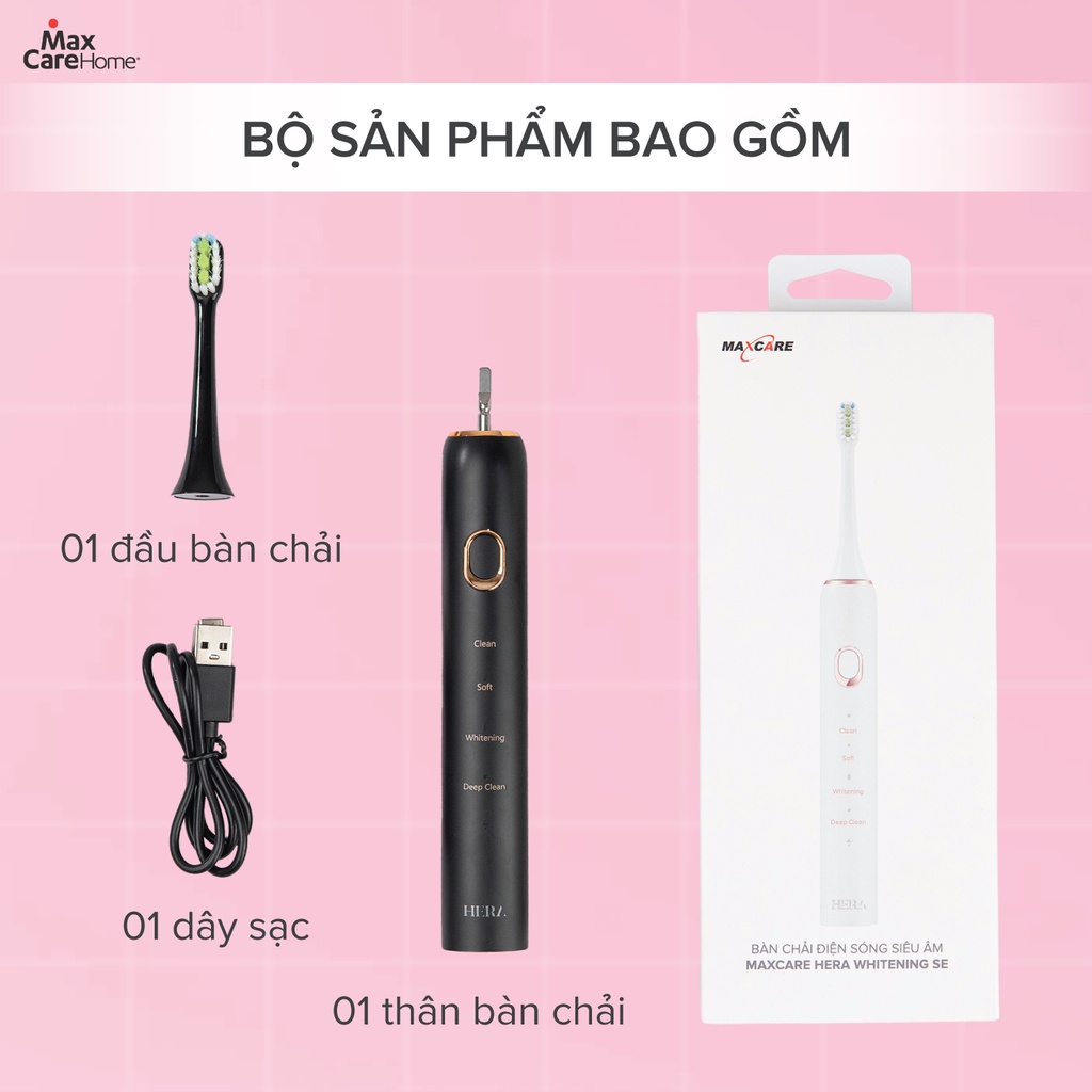 Bàn Chải Điện Sạch Sâu Maxcare Hera Whitening SE Nhật Bản Công Nghệ Sóng Âm Sonic, 4 Chế Độ Đánh Răng, 30 Ngày Sạc 1 Lần